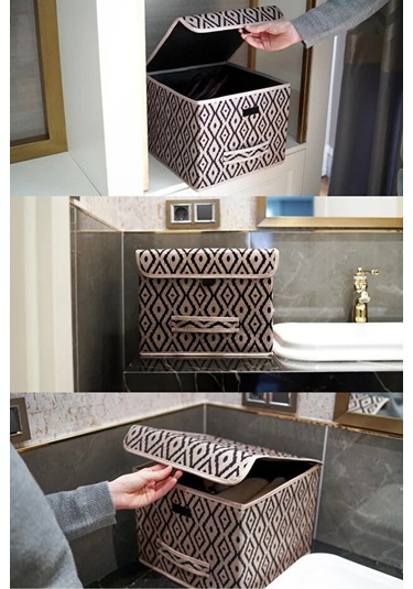 Bohe Çok Amaçlı Kapaklı Kutu, Dolap Raf Düzenleyici, Dekoratif Saklama Kutusu 30x30x23 Cm Gri-beyaz