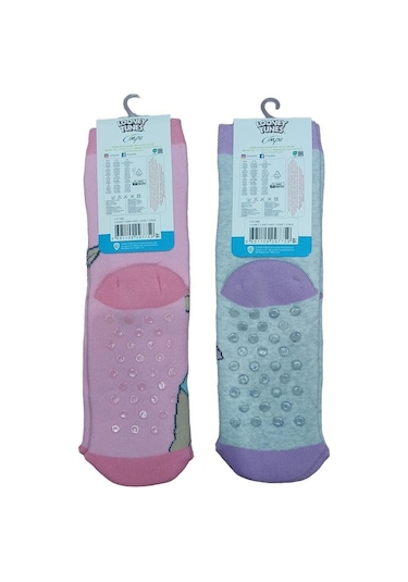 2'li Looney Tunes Tabanı Kaydırmaz Kışlık Havlu Çocuk Çorap-pembe-gri