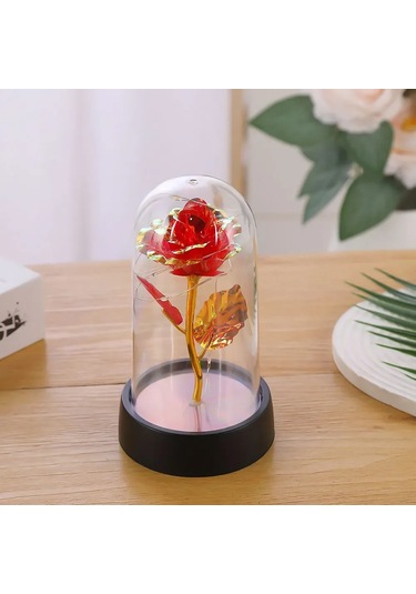 Suofeng Kutulu Mavi Gül Cam Kubbe Led Gece Lambası - Sevgi Simgesi Ev Dekorasyonu Hediyelik Ürün Kırmızı