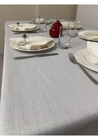 Keten Görünümlü Dertsiz Simli Masa Örtüsü Bej