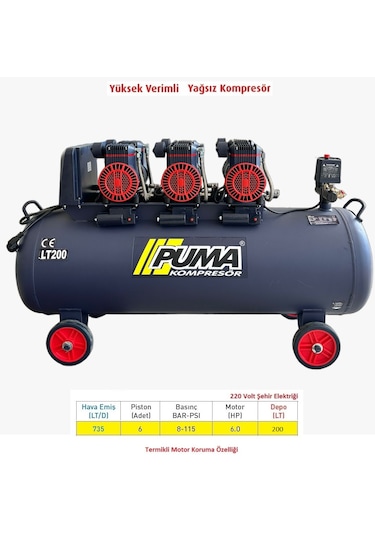 Puma PSLYH200-6M Yüksek Verimli Yağsız Kompresör