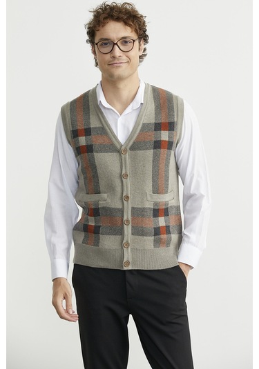 Düğmeli Yünlü Kalın Triko Yelek - Vizon Vizon