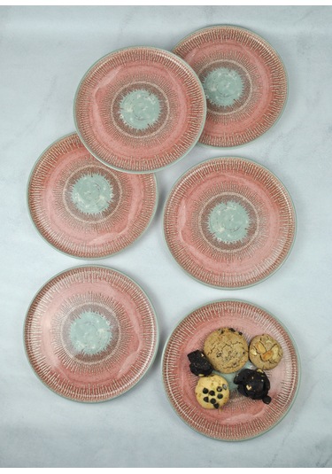 6'lı Desenli Seramik Pasta Tabağı Tatlı Sunum Tabak 21 Cm-pinko