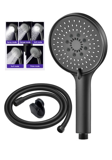 5 Fonksiyonlu Mafsallı Mat Siyah Yuvarlak El Duşu Pvc Hortum Siyah