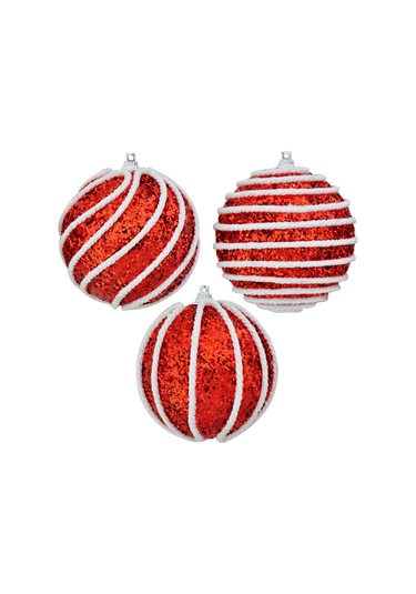 Yılbaşı Ağaç Süsü Top Süs Çizgili 8cm 3 Lü Kırmızı Diğer