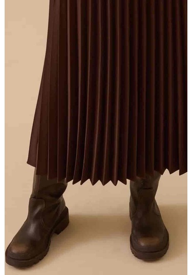 Kadın Esnek Bel Pliseli Basic Etek - Kahverengi Kahverengi