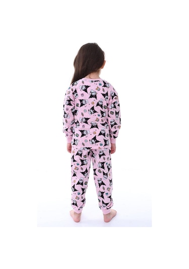 Kız Çocuk Kedi Desenli Uzun Kollu Pijama Takımı-913 Pembe