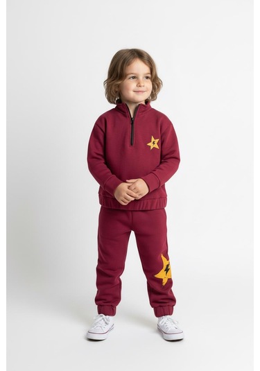 Fermuar Detaylı Şimşek Baskılı 2 Li Takım Bordo