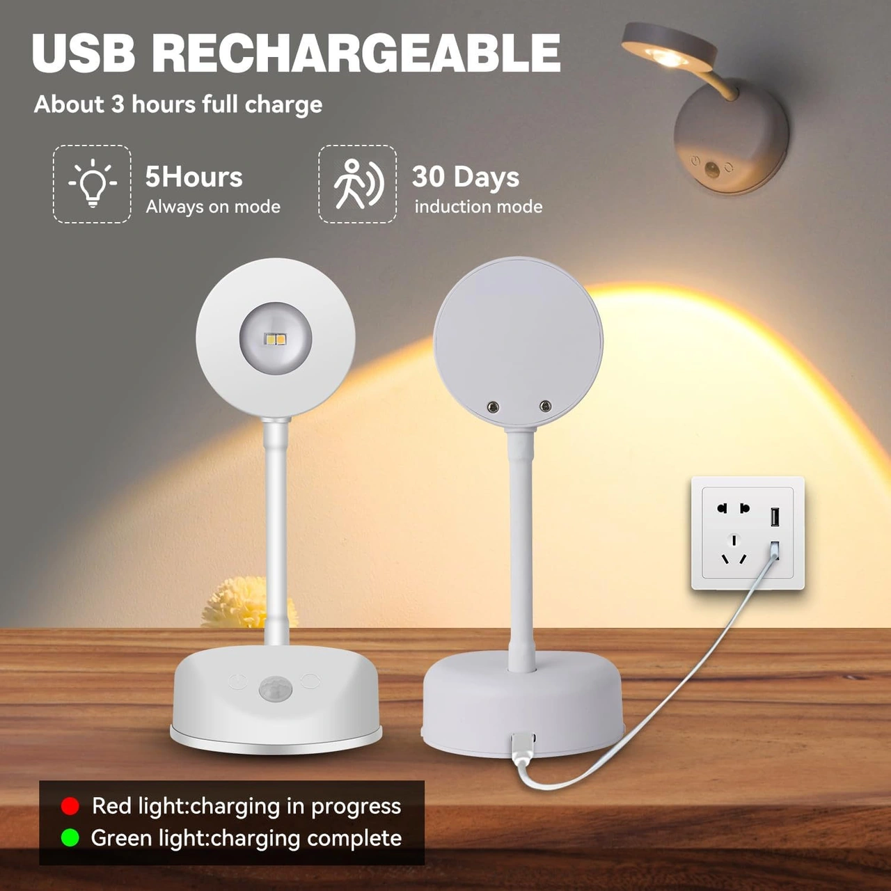 Yuntech01 Duvara Monte Edilebilir Şarjlı Led Spot, İnsan Algılama Özelliği, 3 Renk Seçeneği, 3m Algılama Mesafesi, Gölge Lambası Beyaz