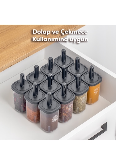 Porsima 1097 Kaydırmalı Kaşıklı Baharatlık Seti 12'li  Şeffaf - Antrasit
