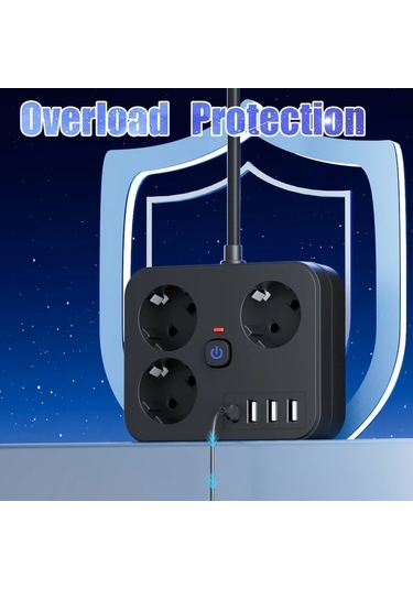 Xuweiwei 7si 1 Arada Priz 3 Ac 3 Usb 1 Type C Siyah Kısa Kablo 152 Cm Ev Ofis Seyahat