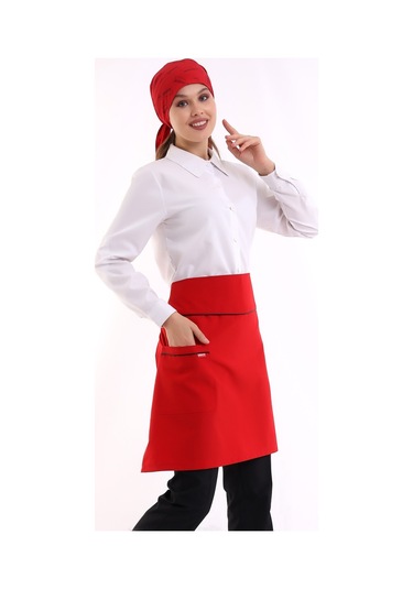 Kırmızı Renge Siyah Biye Cepli Garson Bel Önlüğü-Standart-Tek Parça