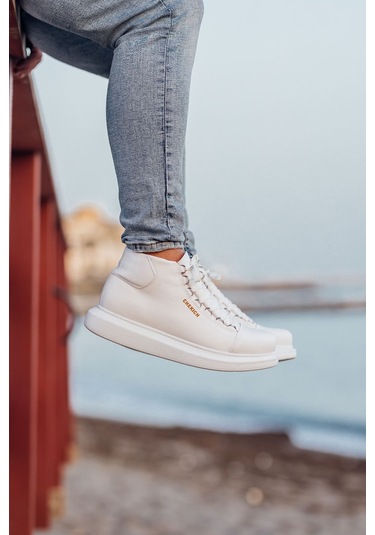 Pabucmarketi Bağcıklı Erkek Sneaker Bot Beyaz Beyaz