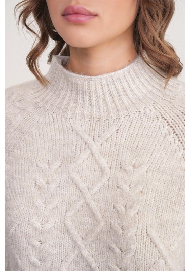 6855 Kadın Dik Yaka Saç Örgülü Triko Kazak Taş Taş
