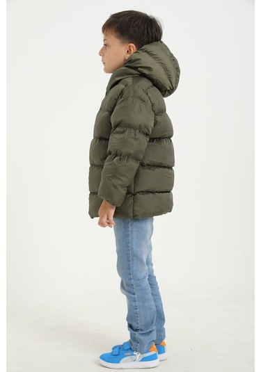 Freemen Erkek Çocuk Haki Polarlı Kürklü Kapüşonlu Su Geçirmez Rüzgara Dayanıklı Şişme Kışlık Mont Haki