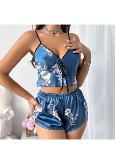 Buz İpek Atlet Pijama Kadın Moda İki Parça Ev Giyim İnce Ev Askılı Şort Takımı Mavi