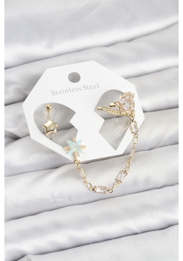Yıldız Figürlü Pirinç Küpe Seti Gold Renk Renkli 33059906