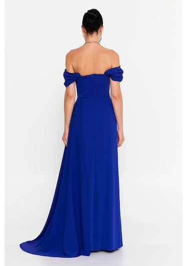 Doridorca Kadın Straplez Korseli Kol Detaylı Derin Yırtmaçlı Uzun Abiye Elbise 5136 Saks Saks