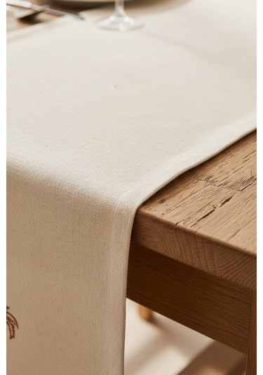 Palmiye Nakışlı Buldan Kumaş Runner 50x130 Cm Krem