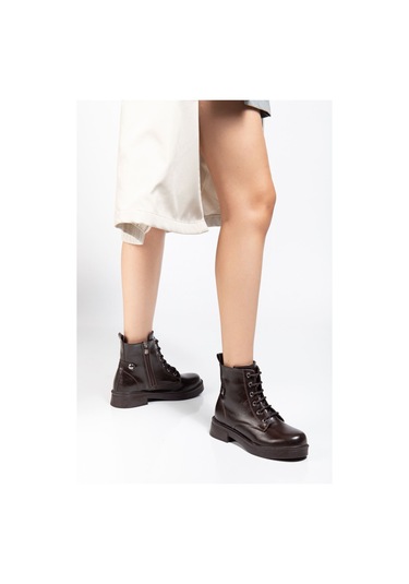 02-2003 Kahve Kırışık Rugan Bağcıklı Fermuarlı Günlük Kadın Bot Kahve