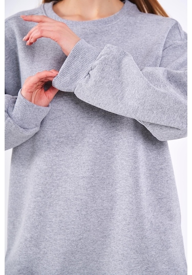 Comeor Gri Kadın Pamuklu Oversize Basic Bisiklet Yaka Sweatshirt 001
