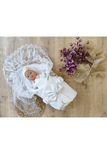 Ekru Kız Erkek Bebek Battaniyesi Kundağı %100 Pamuklu Dantelli Yenidoğan Hastane Çıkışı Mevlütlük Knd45255 Ekru