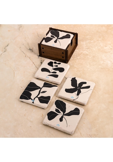 Süzülen Çiçekler Doğaltaş Traverten Ahşap Kutulu 4'lü Bardak Altlığı