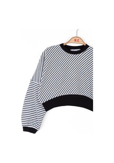 Kız Çocuk Pamuklu Çizgili Crop Sweatshirt-14715 Siyahbeyaz