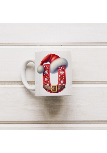 U Harfi Yılbaşı Temalı Bardak 330 Ml Harfli Kişiye Özel Hediye - Yeniyıl / Noel Şapka Tasarım Beyaz