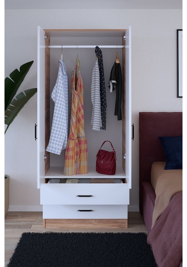 Abete Mobilya 2 Kapılı 2 Çekmeceli Gardırop / Atlantik Çam-beyaz