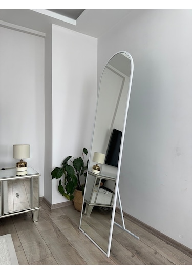 Effe Beyaz Metal Çerçeveli Ayaklı Oval Boy Aynası 180x60 Cm
