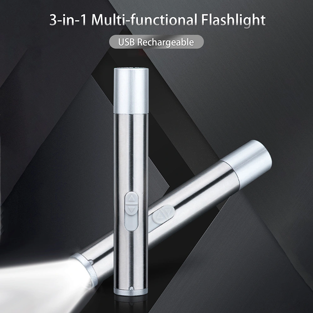 Yuntech01 Usb Şarjlı Alüminyum Tıbbi El Feneri - 3 Fonksiyon: Beyaz Işık, Kızılötesi Lazer Ve Mor Işık Para Kontrolü Gümüş