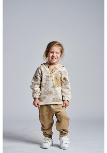 Etnik Desen Kapşonlu 2 Li Takım Bej