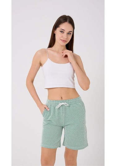 Yandan Cepli Beli Bağcıklı Su Yolu Kadın Çizgili Şort Yeşil