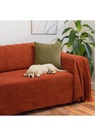 Jakarlı Şönil Koltuk Örtüsü Çekyat Örtüsü Koltuk Şalı 175x350 Kaymaz Kiremit Kiremit