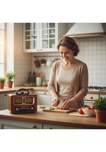 River World Radyo Retro Nostaljik Şarjlı Ahşap Bluetooth Hoparlörlü