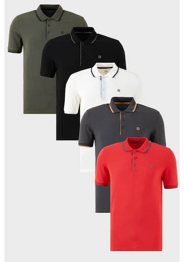 Buratti Pamuklu Slim Fit Şerit Detaylı Düğmeli Polo Yaka 5'Li Paket Erkek T Shirt 5902118S5 Siyah-Beyaz-Kırmızı-Antrasit-Haki