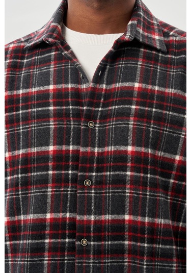 Vişne Yünlü Ekose Desen Yumuşak Yaka Cepsiz Uzun Kol Casual Comfort Fit Gömlek 1004245227 Vişne