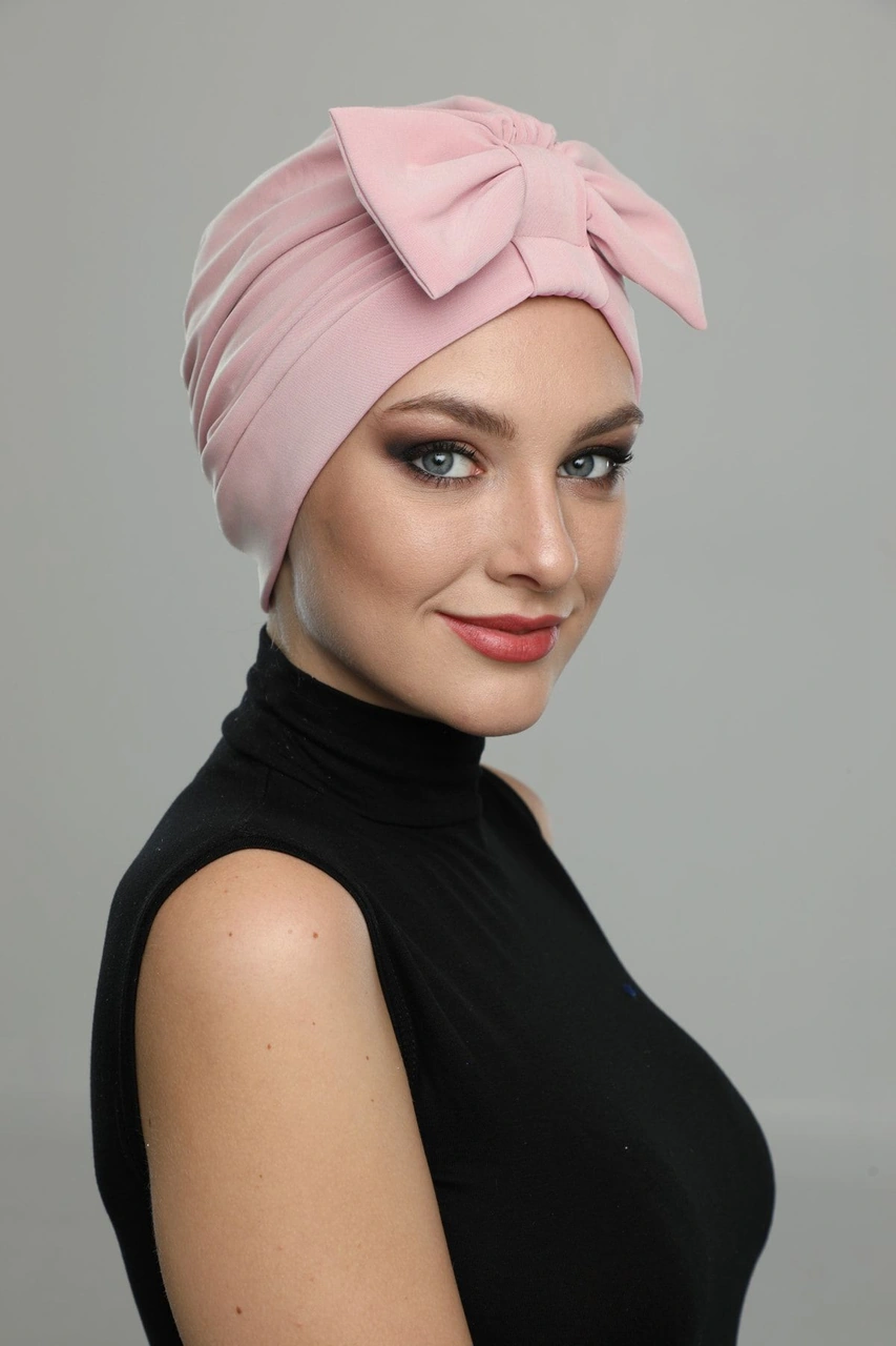 Fiyonklu Pudra Hazır Türban Tesettür Bone Pudra