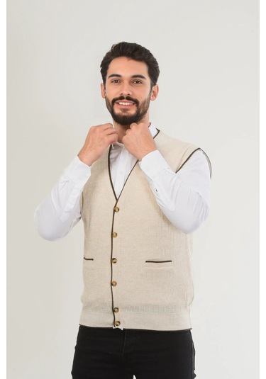 Kamalı Erkek V Yaka Triko Düğmeli Cepli Çizgi Desenli Regular Fit Premium Tüylenmeyen Örgü Yelek Taş