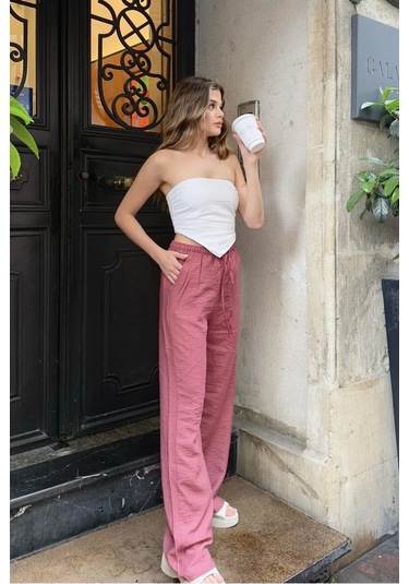 Pembe Keten Karışımlı Bol Kesim Pantolon Gül Kurusu