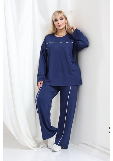 Biyeli Büyük Beden Oysho Tarzı Modal Kumaş Uzun Kollu Biyeli Rahat Günlük Takım Lacivert