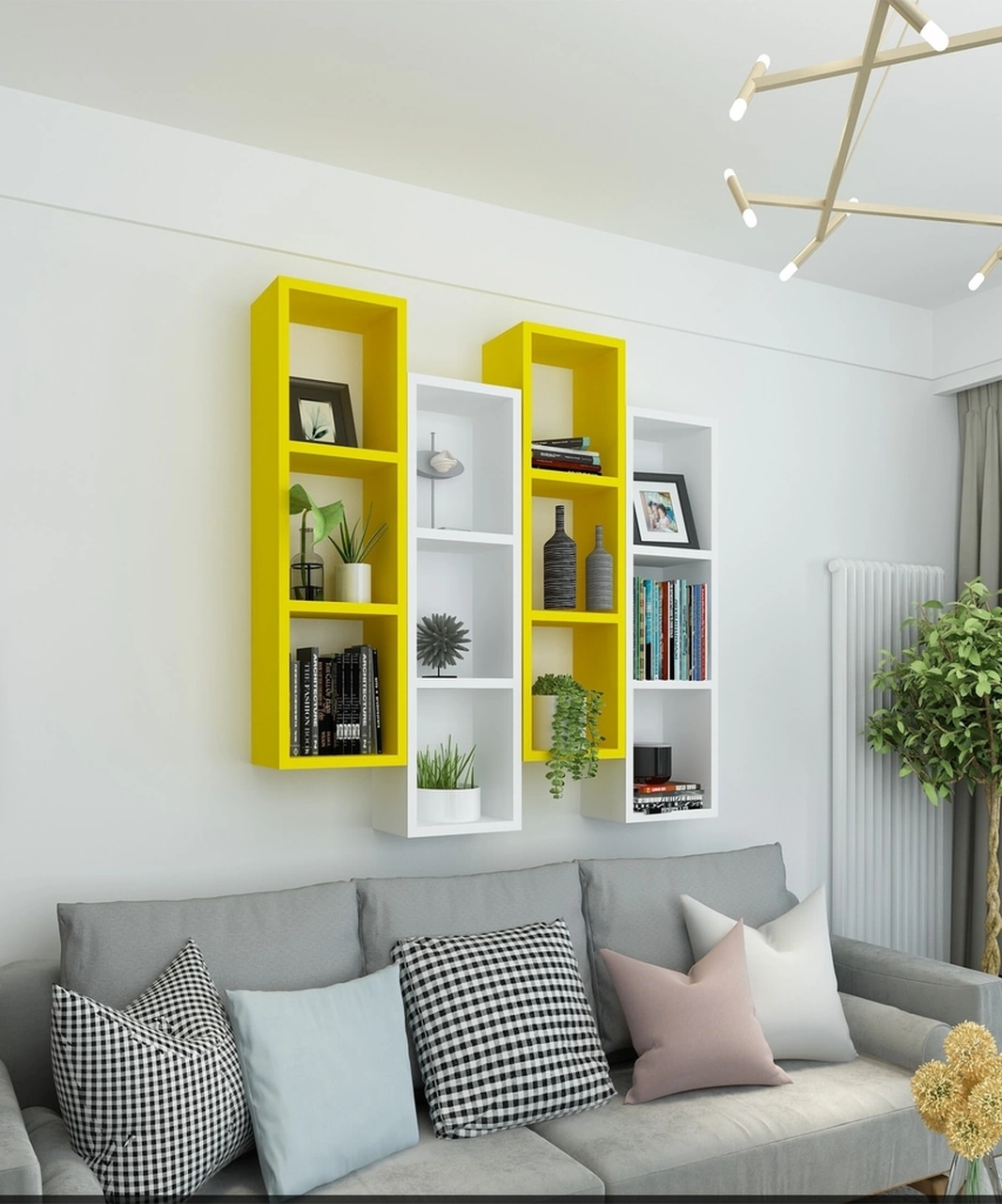 Kitaplık Modern Ev Duvar Rafı Sarı Beyaz 4 Lü Takım Sarı-beyaz