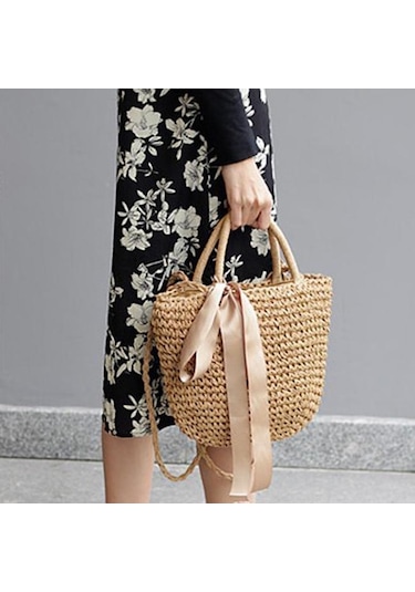 Kahve & Siyah Yogodlns El Yapımı Hasır Çanta Kurdelalar Ilmek Plaj Örgü Çanta Tote 32cm 26cm