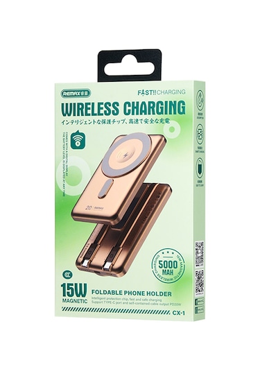 Remax Cx-1 5000mah Güç Bankası Kabloları Katlanabilir Standlı 15w Kablosuz Telefon Şarj Cihazı Altın