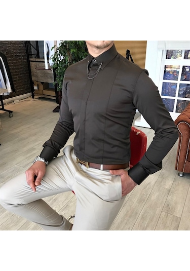 Italyan Kesim Slim Fit Erkek Saten Zincirli Gömlek Kahverengi T48