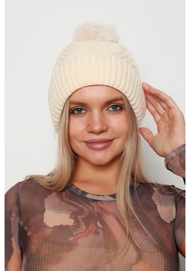 Kalın Ponponlu İçi Yünlü Kadın Bere Rkş-17 Bej Bej