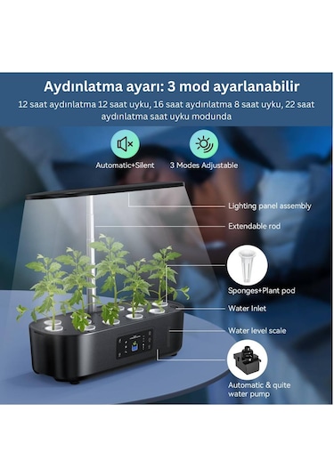 İç Mekan Ledli Hidroponik Hobi Seti Siyah Renk