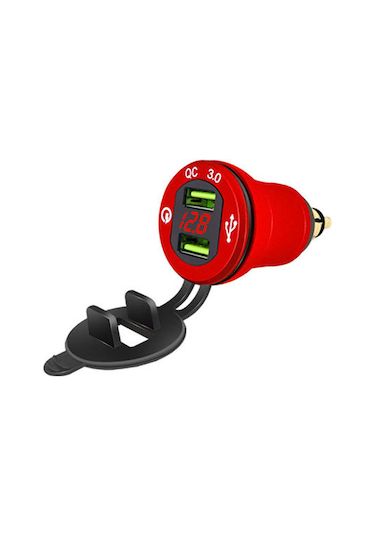 Youtek Bmw Araba/motosiklet Usb Şarj Cihazı, Qc3.0 Hızlı Şarj, Voltmetre, 12-24v, Kırmızı Alüminyum Kasa, Çift Usb Portu