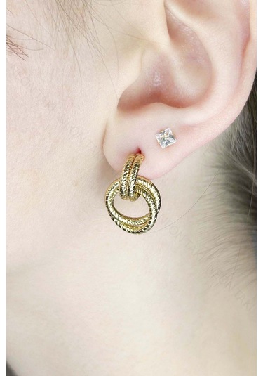 Birbirine Geçmeli Halka Model Paslanmaz Çelik Küpe 633, Altın Renk Altın